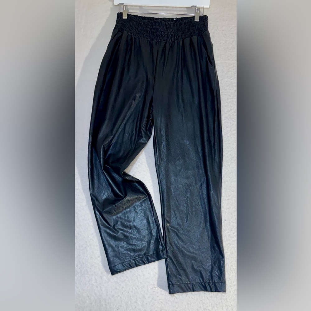 Commomo Faux Leather Pants Black Wide Leg Elastic Waist Vegan Leather Trousers
